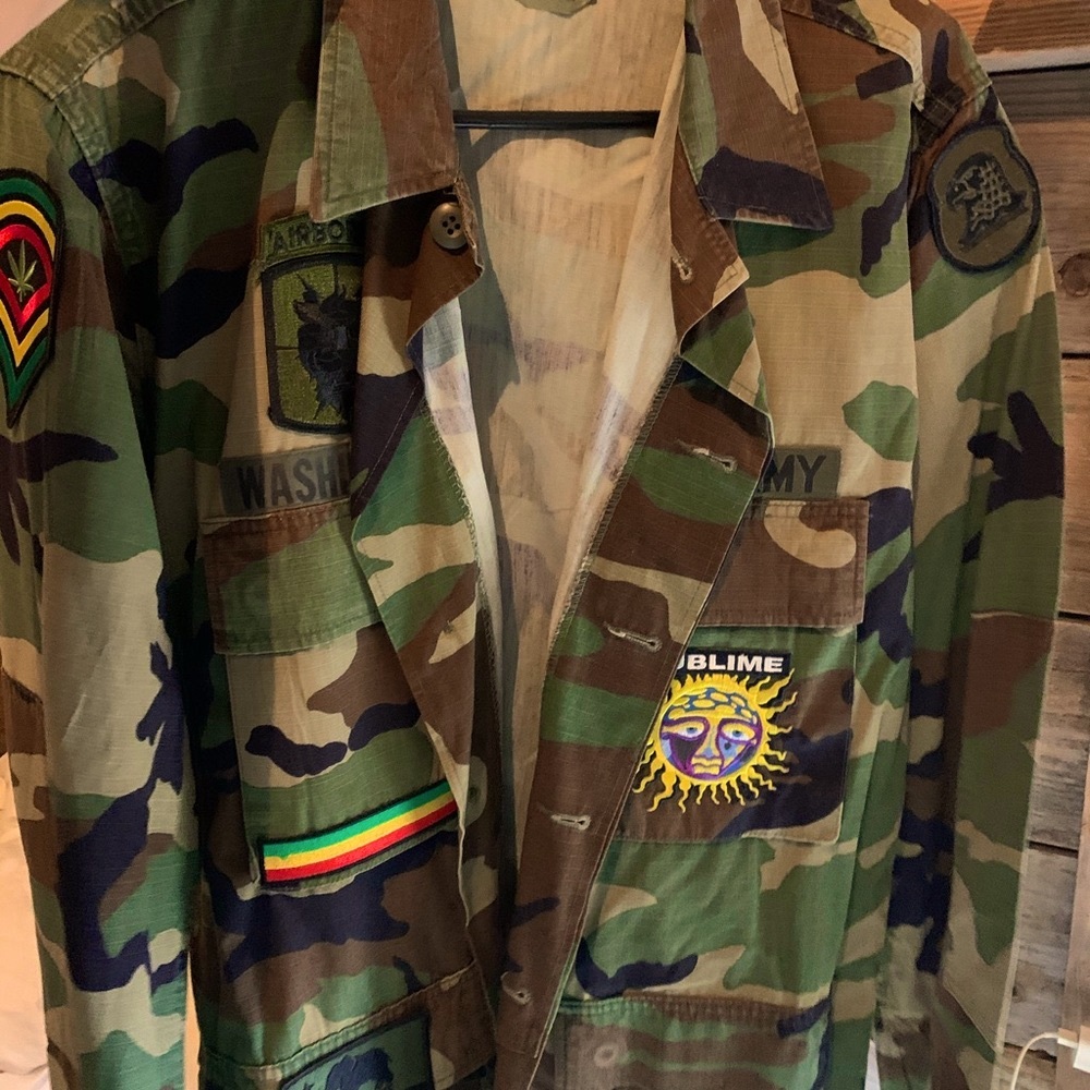 Vintage Camouflage Army Jacket with reggae patches